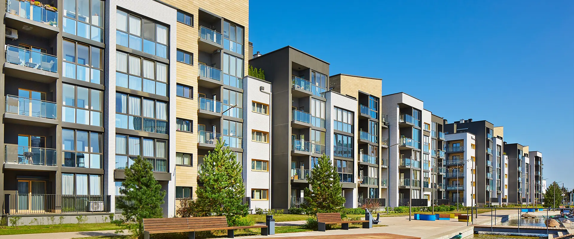 Row of modern apartment buildings